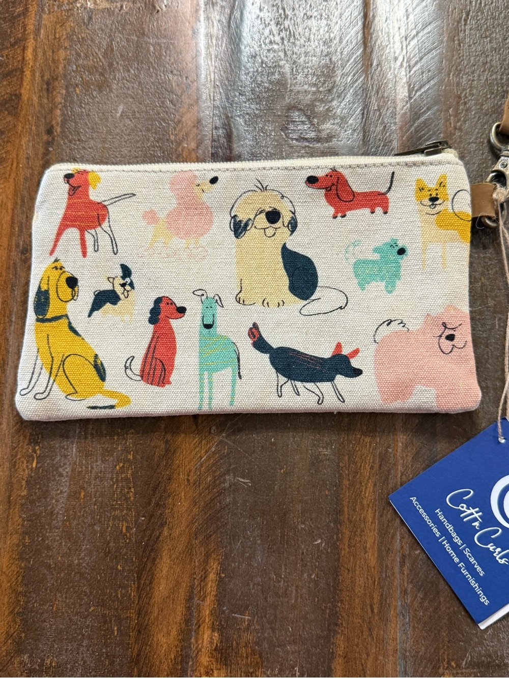 Cott N Curls Dogs Print Canvas + Leather Wristlet NWT